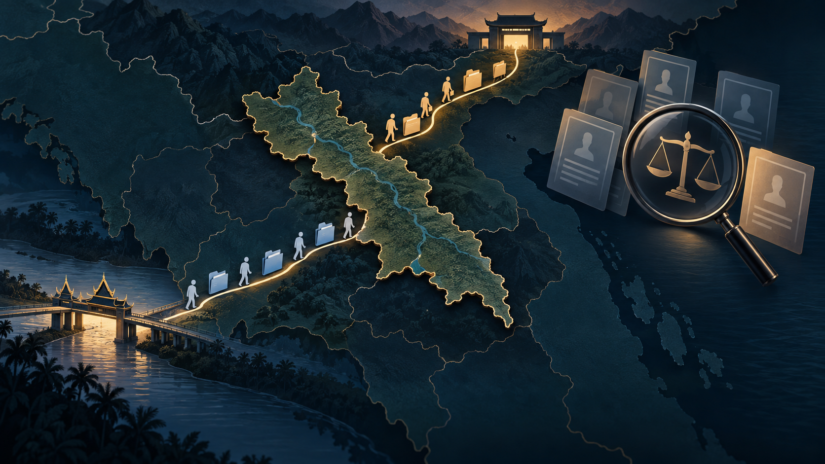 原创概念插画:老挝轮廓上的两条独立跨境路径分别通向北部口岸和泰老友谊桥,旁有匿名档案与待核查的天平;非真实地图、口岸、移交现场或人员