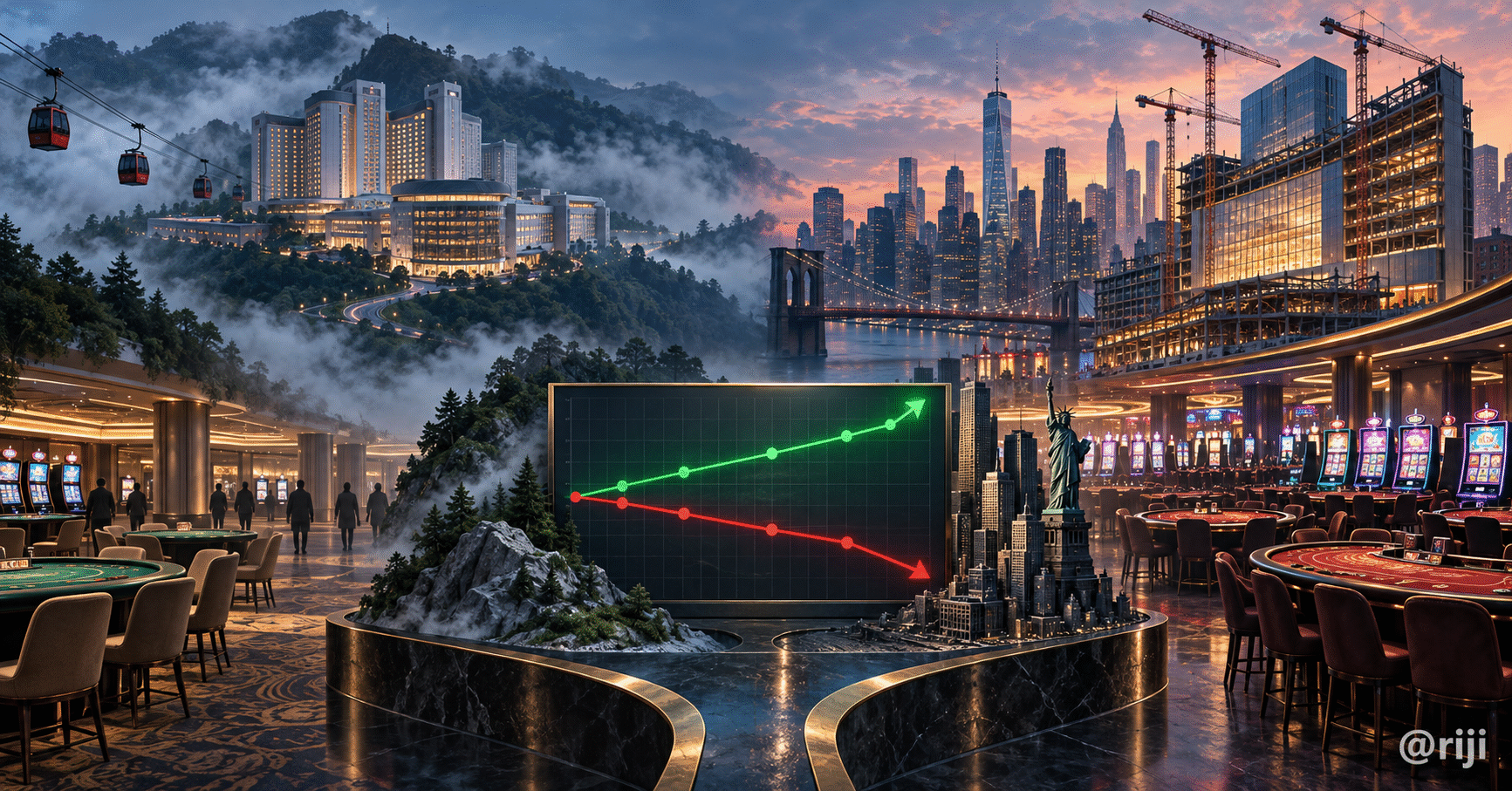 云雾中的云顶高原综合度假区与纽约赌场扩建工地形成对照,中央收入上升线和利润下降线展示跨境扩张成本,右下角带@riji水印的新闻编辑插画