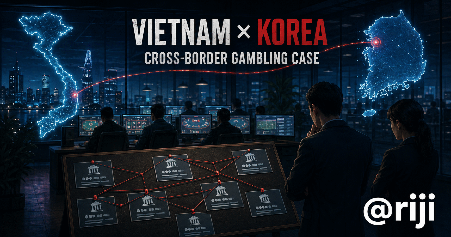 越南与韩国地图由跨境网络线相连,越南城市办公区内有匿名人员操作抽象网赌终端,调查人员在银行账户证据板前追踪资金,右下角带@riji水印的新闻编辑插画